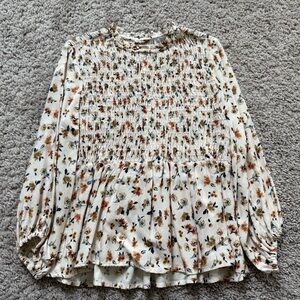 Zara Floral Smocked Blouse - Cream and Brown